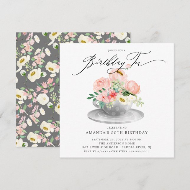 Elegant Pink Peonies Floral Birthday Tea Invitatio Invitation (Front/Back)