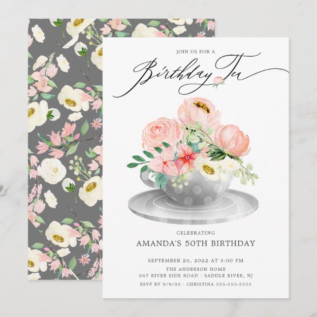 Elegant Pink Peonies Floral Birthday Tea Invitatio Invitation (Front/Back)