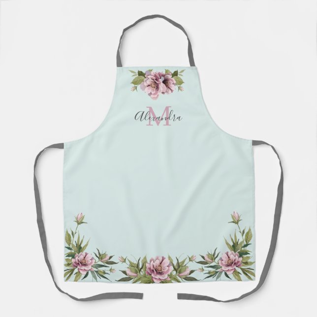 Elegant pink peonies & greenery custom monogram ap apron (Front)
