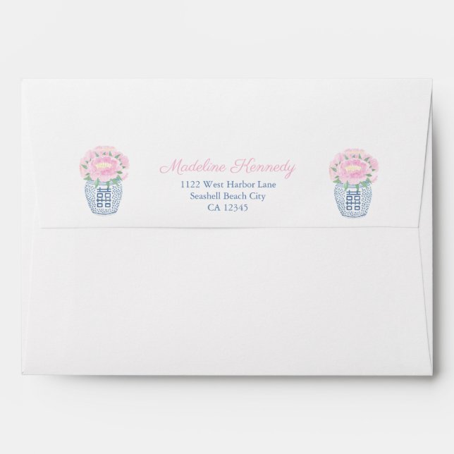 Elegant Pink Peonies In Ginger Jar Bridal Shower Envelope (Back (Top Flap))