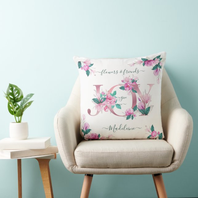 Elegant Pink Peonies Watercolor Joy Letters Cushion (Chair)