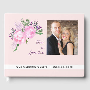 Elegant Pink Peonies Watercolor Wedding Guest Book