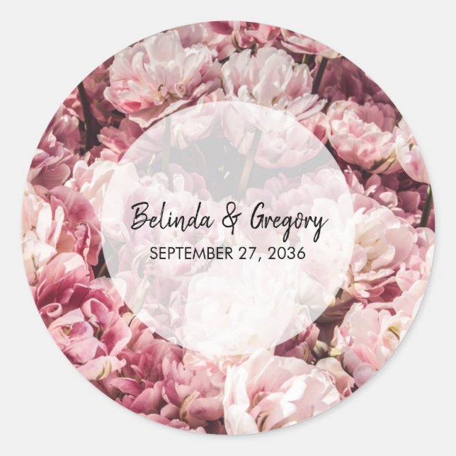 Elegant Pink Peonies Wedding  Classic Round Sticker (Front)