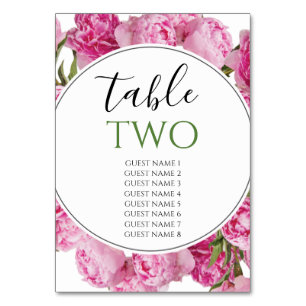 Elegant Pink Peonies Wedding Guest Names Table Number
