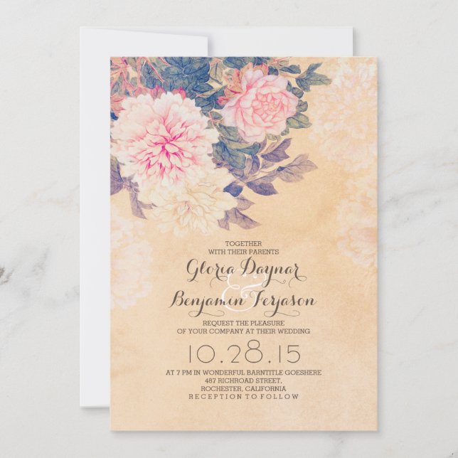 Elegant pink peonies wedding invitation (Front)