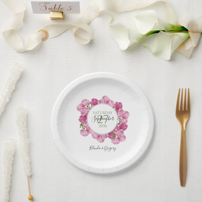 Elegant Pink Peonies Wedding Paper Plate (Wedding)