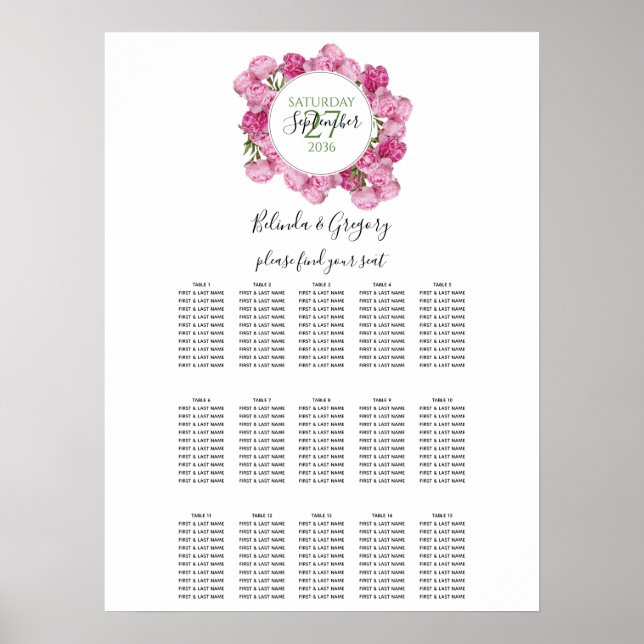 Elegant Pink Peonies Wedding Seating Chart (Front)