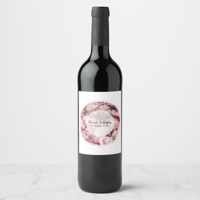 Elegant Pink Peonies Wedding  Wine Label (Front)