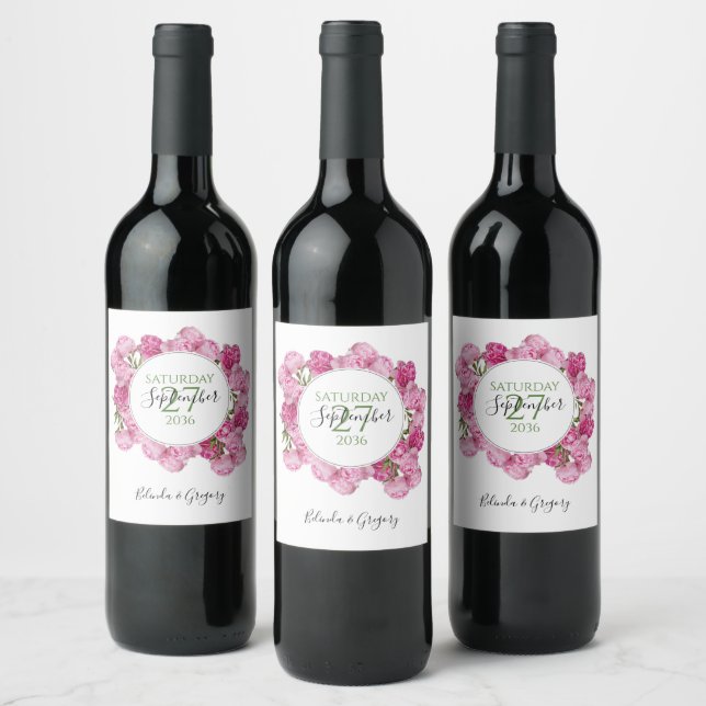 Elegant Pink Peonies Wedding  Wine Label (Bottles)