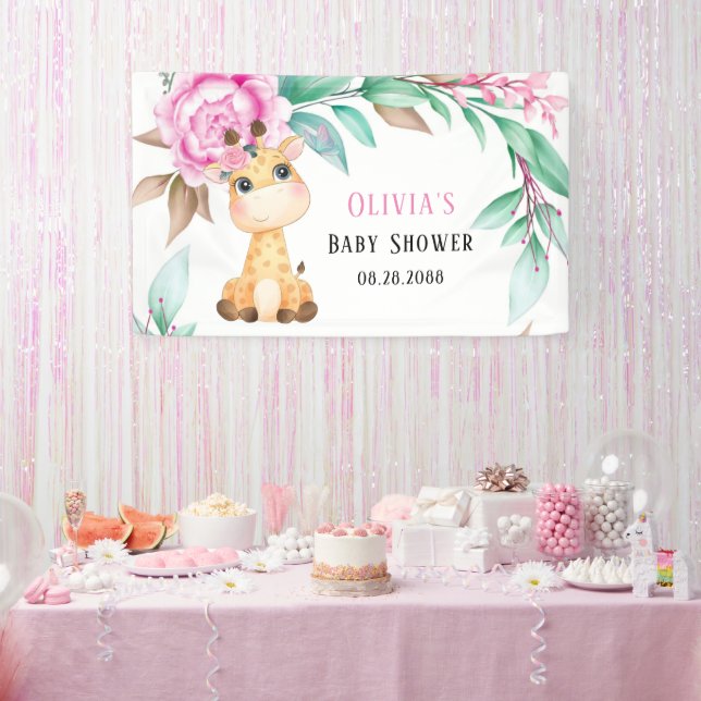 Elegant Pink Peony and a Cute Giraffe Baby Shower Banner (Party)