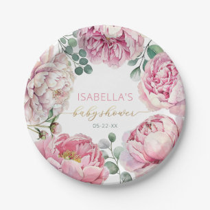 Elegant Pink Peony and Greenery Girl Baby Shower P Paper Plate