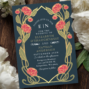 Elegant Pink Peony Art Nouveau Floral Blue Wedding Invitation