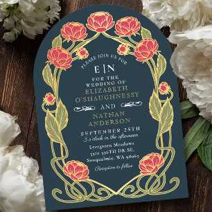 Elegant Pink Peony Art Nouveau Floral Wedding Invitation