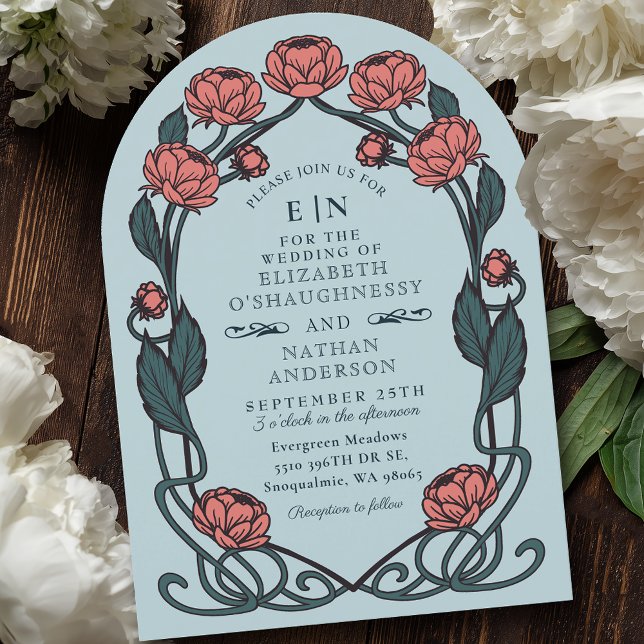 Elegant Pink Peony Art Nouveau Floral Wedding Invitation (Creator Uploaded)