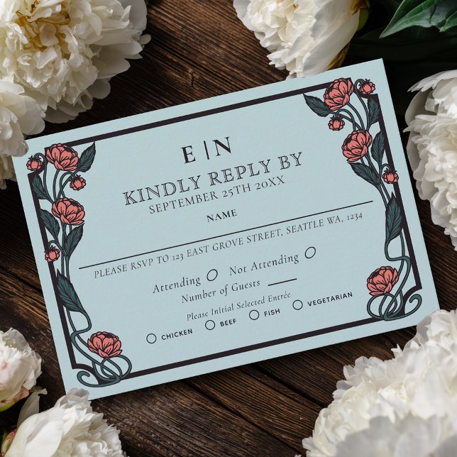 Elegant Pink Peony Art Nouveau Floral Wedding RSVP Card (Creator Uploaded)