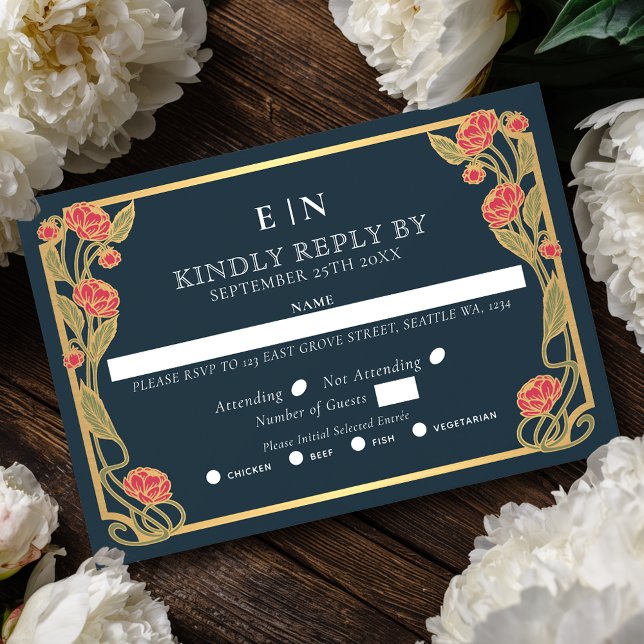 Elegant Pink Peony Art Nouveau Floral Wedding RSVP Card (Creator Uploaded)