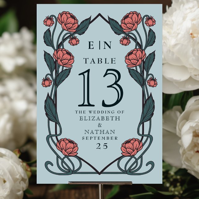 Elegant Pink Peony Art Nouveau Floral Wedding Table Number (Creator Uploaded)