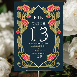 Elegant Pink Peony Art Nouveau Floral Wedding Table Number