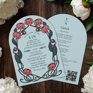 Elegant Pink Peony Art Nouveau Wedding Arch QR Invitation