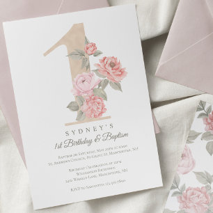 Elegant Pink Peony Baby's 1st Birthday & Baptism Invitation