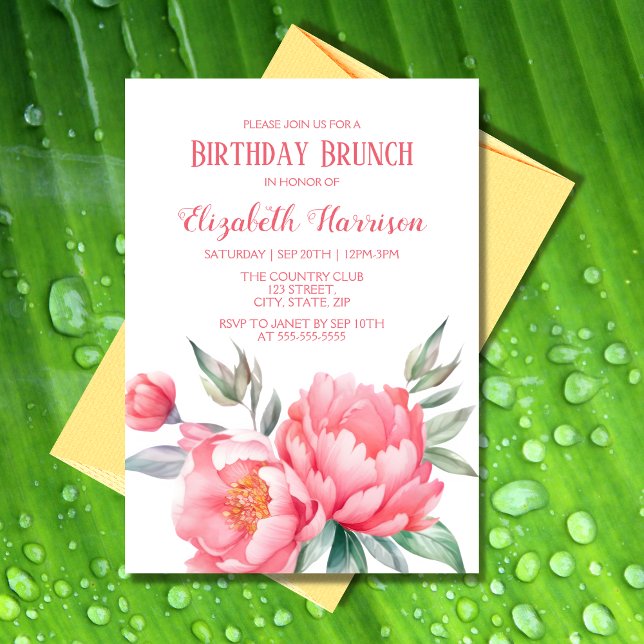 Elegant Pink Peony Botanical Birthday Brunch Invitation (Creator Uploaded)