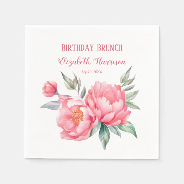 Elegant Pink Peony Botanical Birthday Brunch Napkin (Front)
