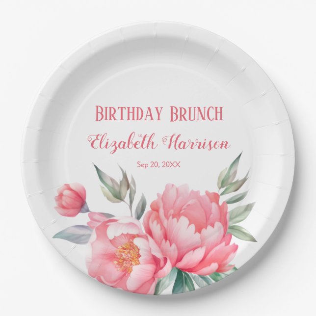 Elegant Pink Peony Botanical Birthday Brunch Paper Plate (Front)