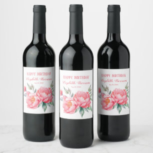 Elegant Pink Peony Botanical Birthday Brunch Wine Label