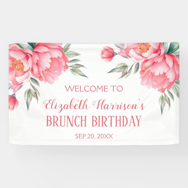 Elegant Pink Peony Botanical Brunch Birthday  Banner (Horizontal)