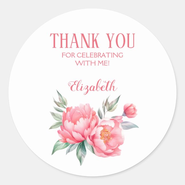 Elegant Pink Peony Botanical Brunch Birthday  Classic Round Sticker (Front)