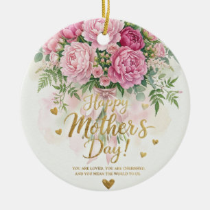 Elegant Pink Peony Bouquet Happy Mother’s Day Ceramic Tree Decoration