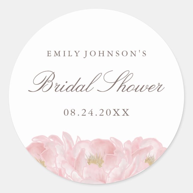 Elegant Pink Peony Bridal Shower Classic Round Sticker (Front)