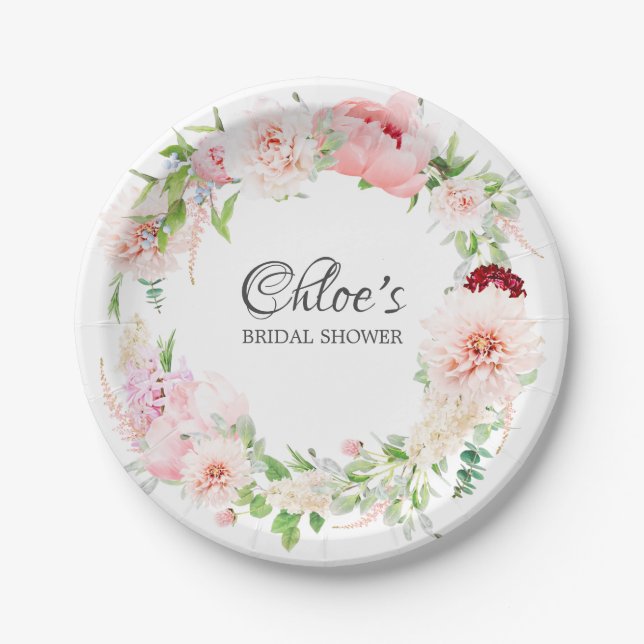 Elegant Pink Peony Bridal Shower Paper Plate (Front)