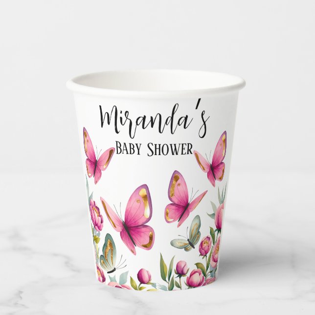 Elegant Pink Peony & Butterflies Girl Baby Shower Paper Cups (Front)