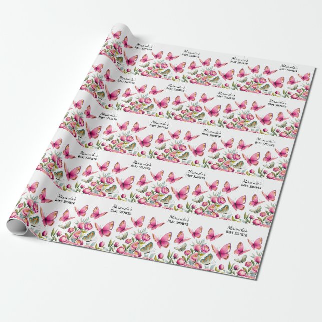 Elegant Pink Peony & Butterflies Girl Baby Shower Wrapping Paper (Unrolled)