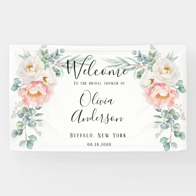 Elegant Pink Peony Eucalyptus Bridal Shower Banner (Horizontal)