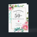 Elegant Pink Peony Floral 50th Birthday Card<br><div class="desc">Congratulate a very special person on their 50th birthday with a pink peony floral design. Elegant and chic the peonies with delicate green and turquoise botanical elements decorate a thin gold frame. All of the text can be edited,  so you can customise a very personal and meaningful message.</div>