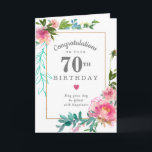 Elegant Pink Peony Floral 70th Birthday Card<br><div class="desc">Congratulate a very special person on their 70th birthday with a pink peony floral design. Elegant and chic the peonies with delicate green and turquoise botanical elements decorate a thin gold frame. All of the text can be edited,  so you can customise a very personal and meaningful message.</div>
