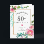 Elegant Pink Peony Floral 80th Birthday Card<br><div class="desc">Congratulate a very special person on their 80th birthday with a pink peony floral design. Elegant and chic the peonies with delicate green and turquoise botanical elements decorate a thin gold frame. All of the text can be edited,  so you can customise a very personal and meaningful message.</div>