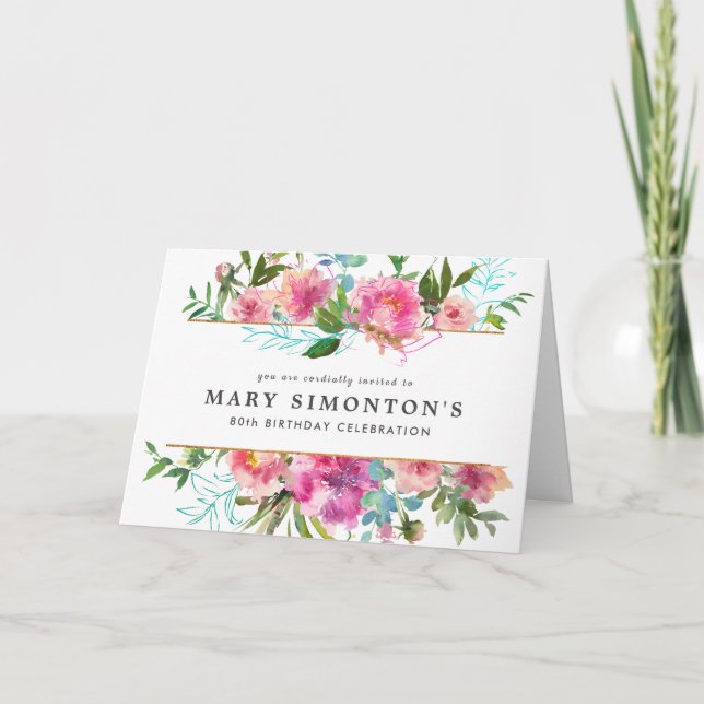 Elegant Pink Peony Floral 80th Birthday Invitation (Front)