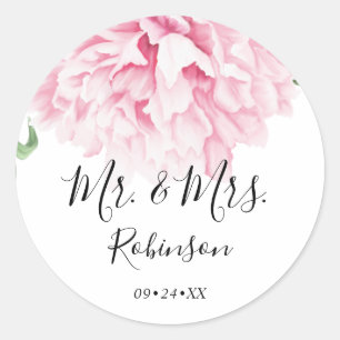 Elegant Pink Peony Floral Botanical Wedding Classic Round Sticker