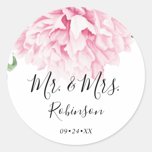 Elegant Pink Peony Floral Botanical Wedding Classic Round Sticker (Front)