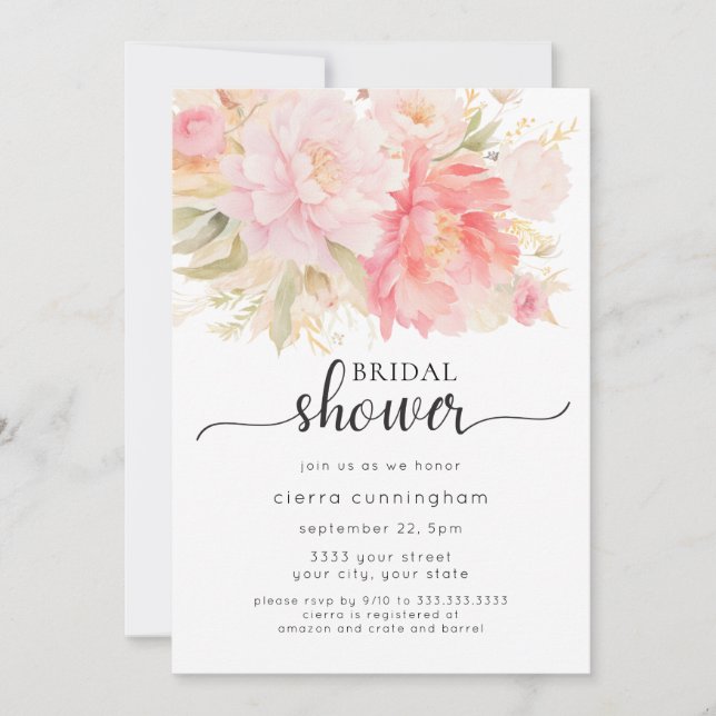 Elegant Pink Peony Floral Bridal Shower Invitation (Front)