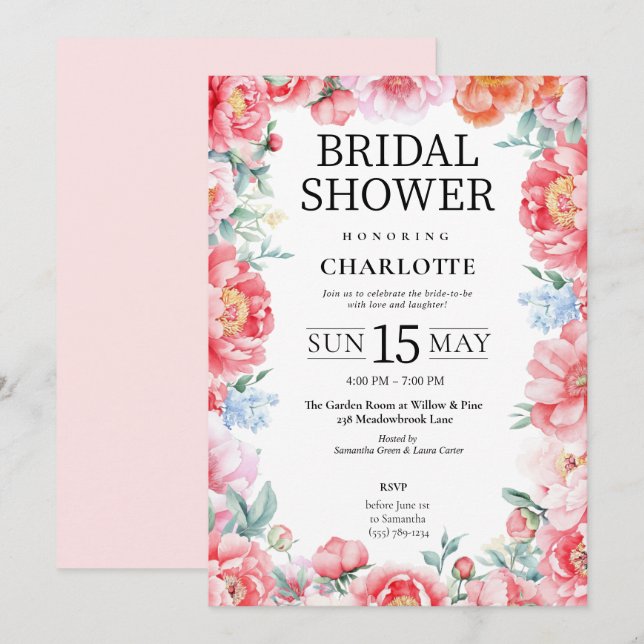 Elegant Pink Peony Floral Bridal Shower Invitation (Front/Back)