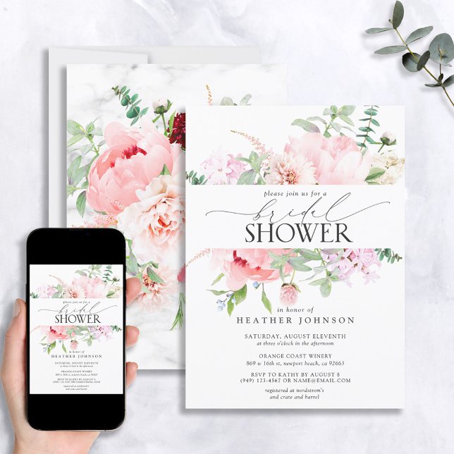 Elegant Pink Peony Floral Calligraphy Shower Invitation (Creator Uploaded)