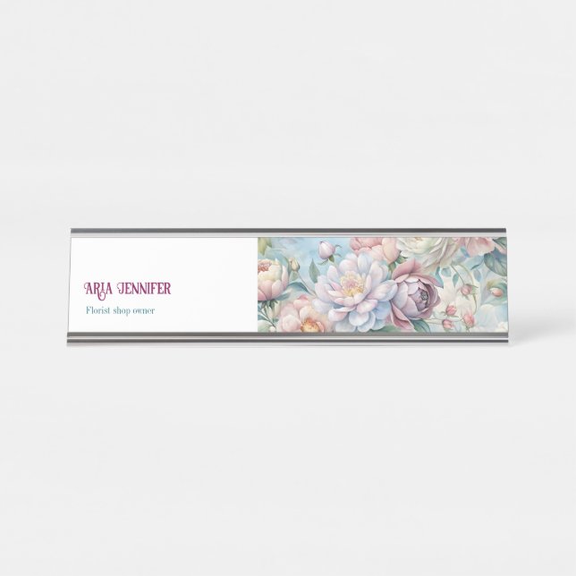 Elegant Pink Peony Floral Custom Florist Business  Desk Name Plate (Front)