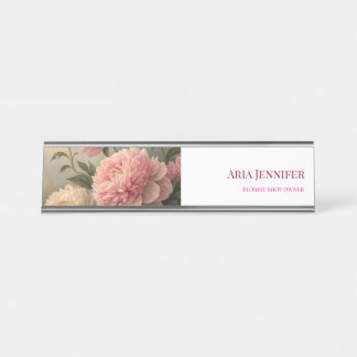 Elegant Pink Peony Floral Custom Florist Business Desk Name Plate