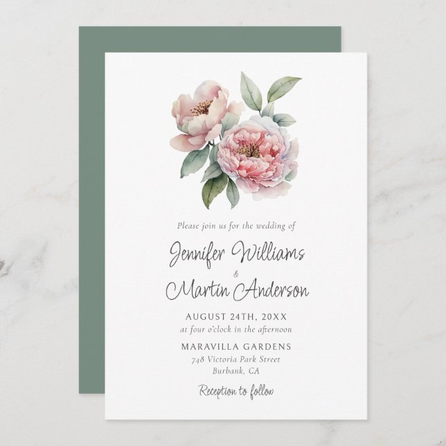 Elegant Pink Peony Floral Wedding Invitation (Front/Back)