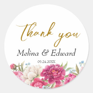 Elegant Pink Peony Florals Wedding Classic Round Sticker