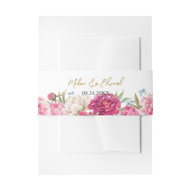 Elegant Pink Peony Florals Wedding Invitation Belly Band (Front Example)